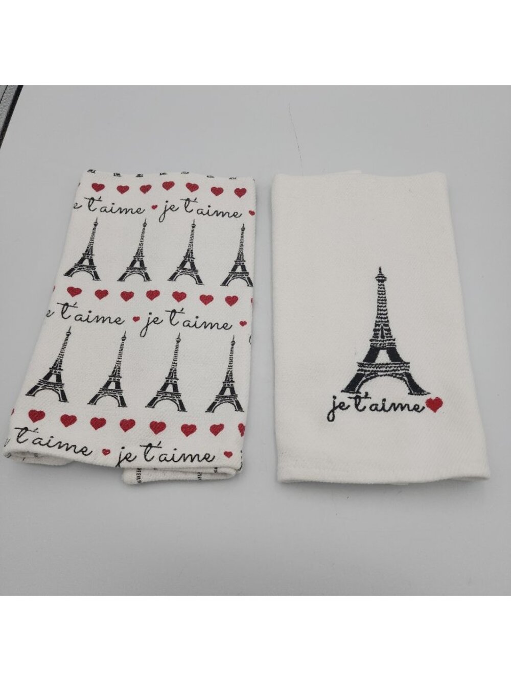 Eiffel Tower Hearts Set 2 Kitchen Cotton Hand Towels Je T'Aime White Black Red